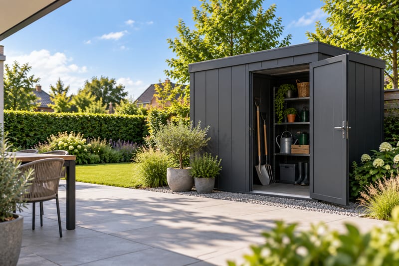Modern tuinhuis in antraciet aluminium met plat dak