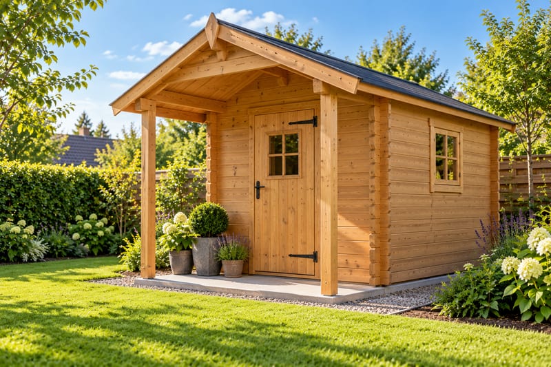 Tuinhuis van lichte houten planken met luifel