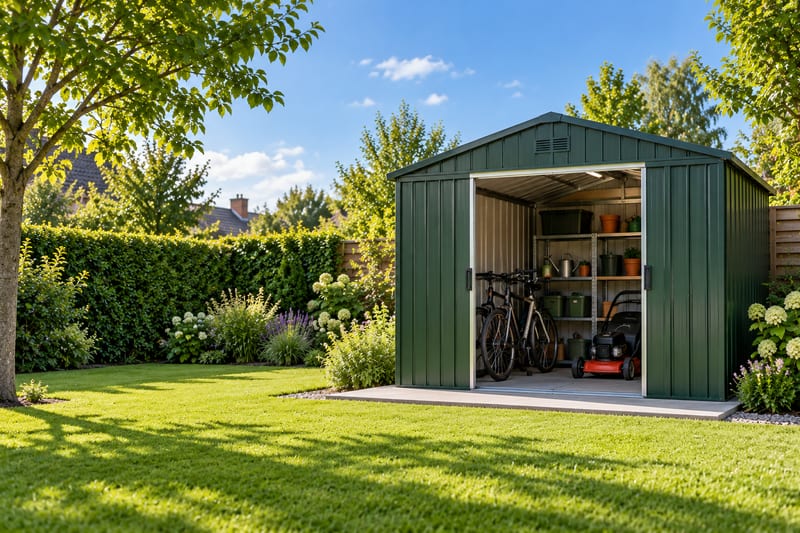 Donkergroen metalen tuinhuis, schuifdeuren open op fietsen