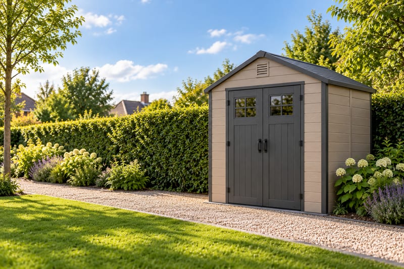 Klein beige pvc-tuinhuis langs een haag
