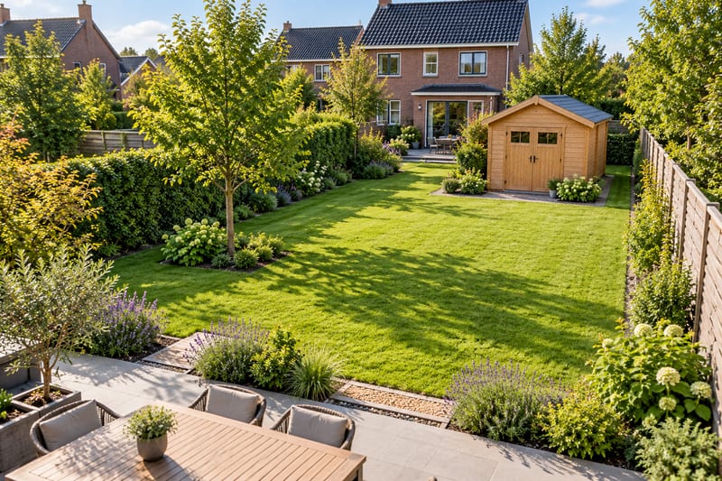 Abri de jardin en bois dans un jardin arrière, à distance de la clôture