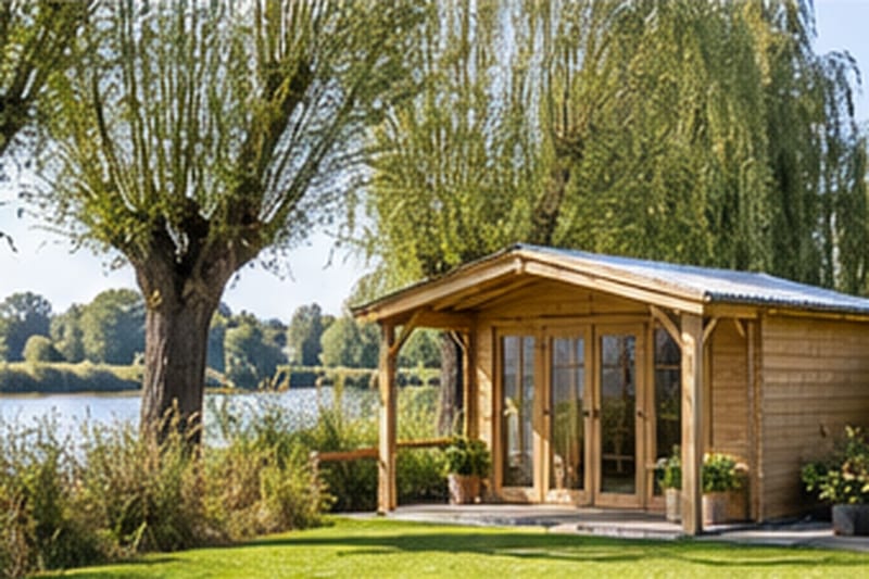 Houten tuinhuis met luifel in een tuin langs de Leie, knotwilgen