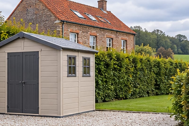 Abri en PVC beige le long d’une haie, maison en brique à toit de tuiles rouges du Hainaut