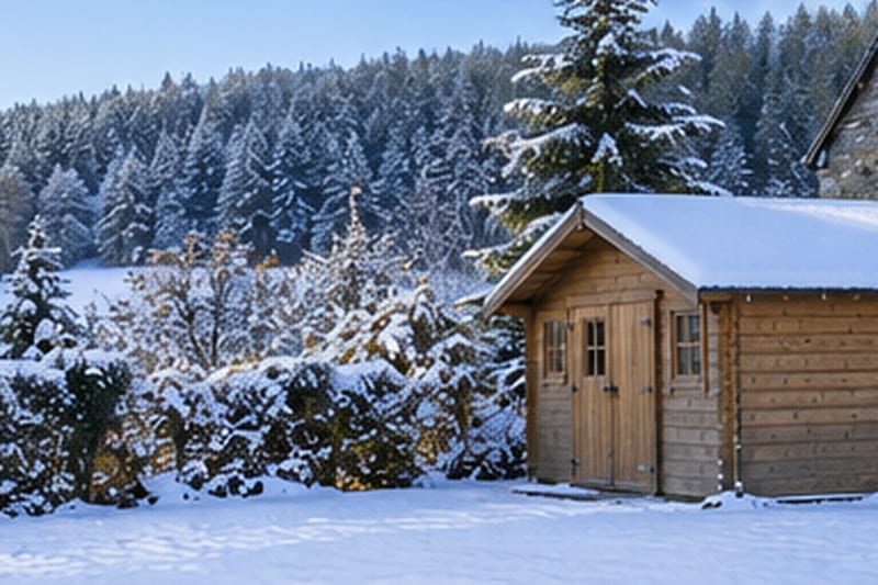 Houten tuinhuis onder de sneeuw in een Ardense tuin, stenen huis met leien dak